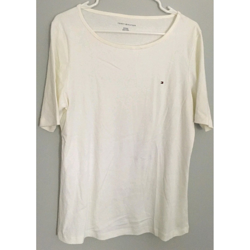 Tommy Hilfiger Shirt Womens XL White Cotton Scoop Neck Embroidered Flag Logo